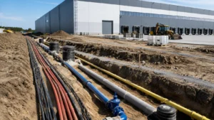 Read more about the article Przyłącza do&nbsp;hali przemysłowej – jak zaplanować energię, wodę, gaz i&nbsp;kanalizację?